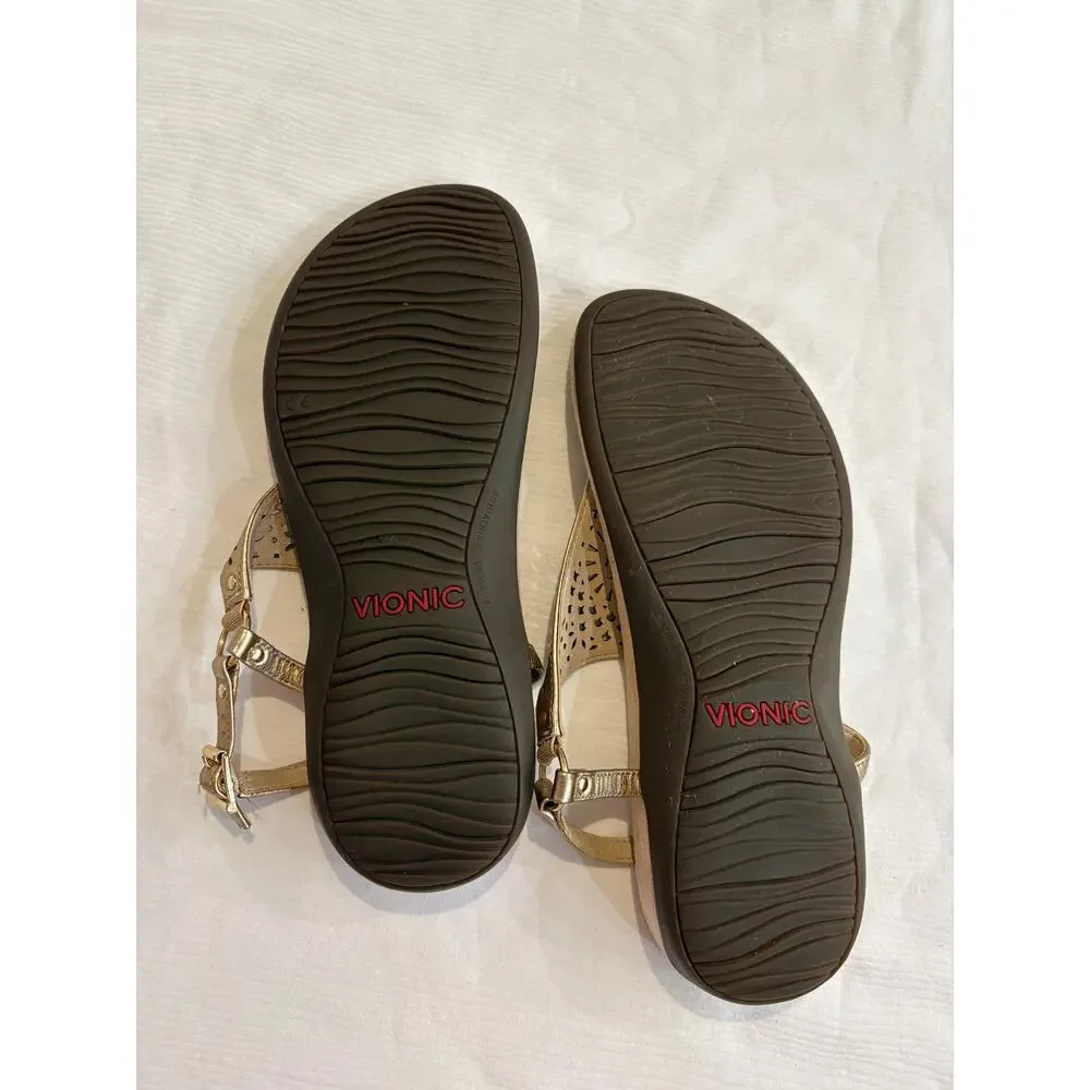 Vionic Kirra Sandals Gold Perforated Leather Thong Slingback Arch Support 10